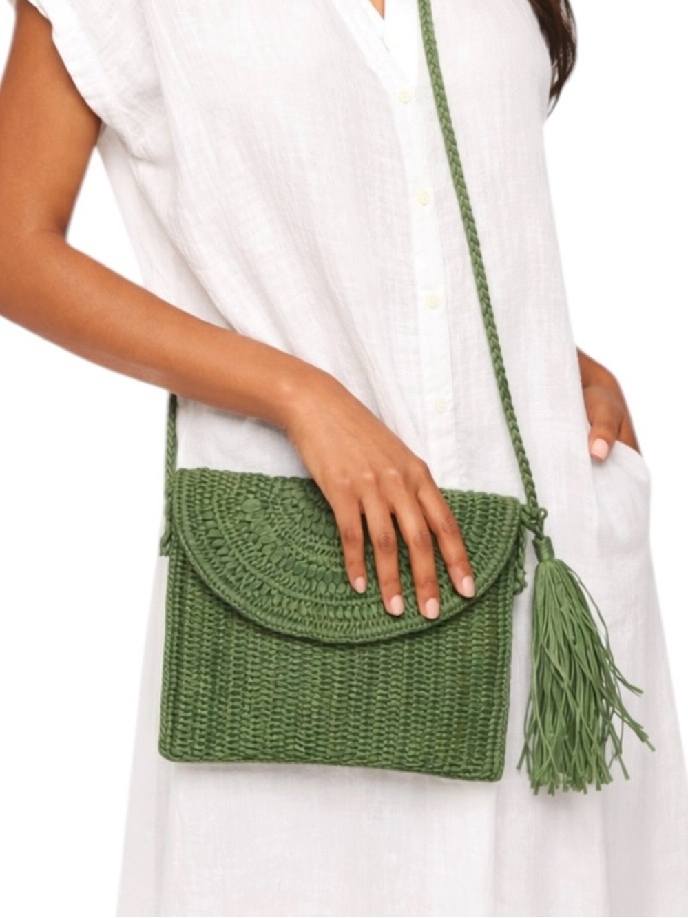 NWT Mar Y Sol Naomi Raffia Shoulder Bag Sage Green - Picture 2 of 11